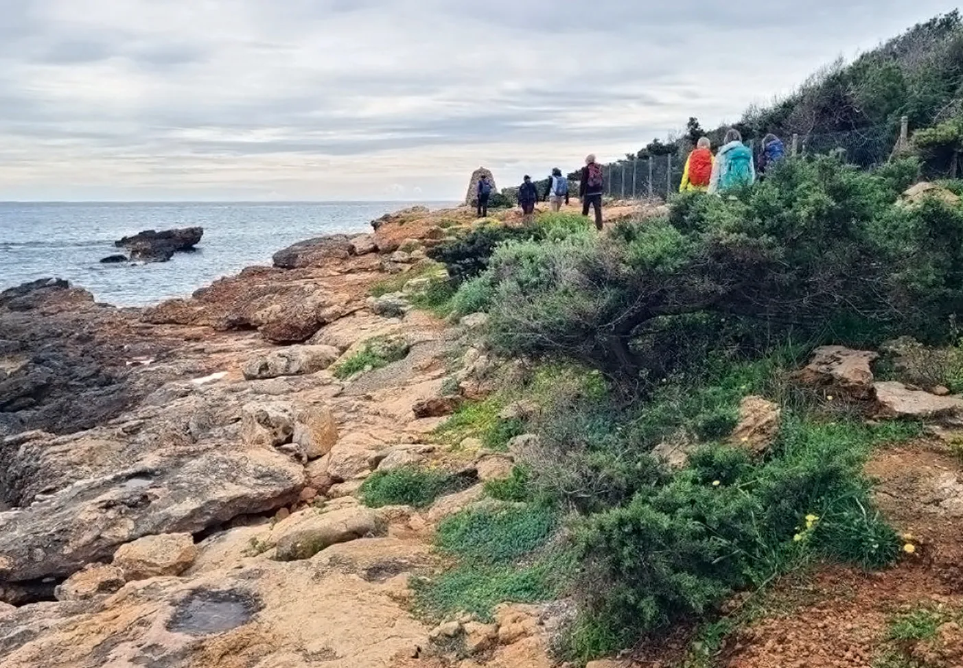 Wandergruppe auf felsigem Küstenweg bei Cala Llonga auf Ibiza